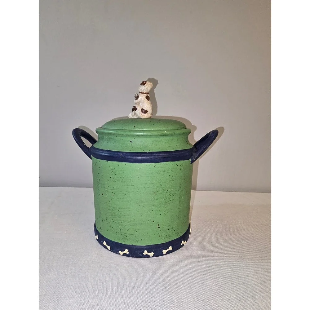 New Debco Intl Dog Treat Jar Green Blue Ceramic Puppy Figurine Lid OS SEE PHOTO
